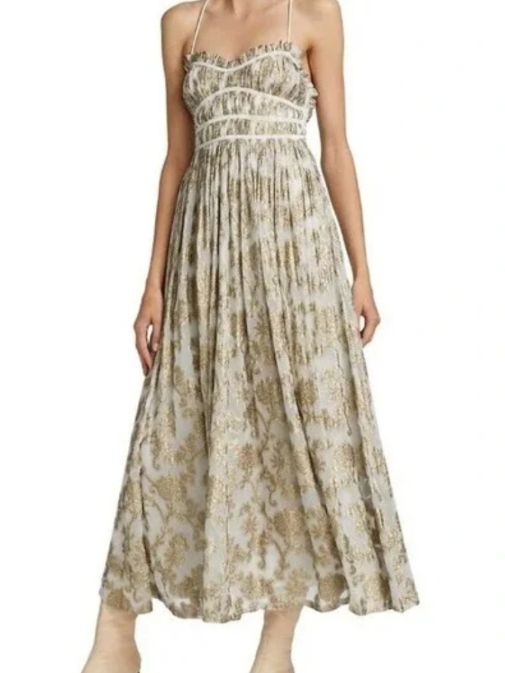 Free People Charlie Bustier Strapless Empire-Waist Maxi Dress in Cream and Gold